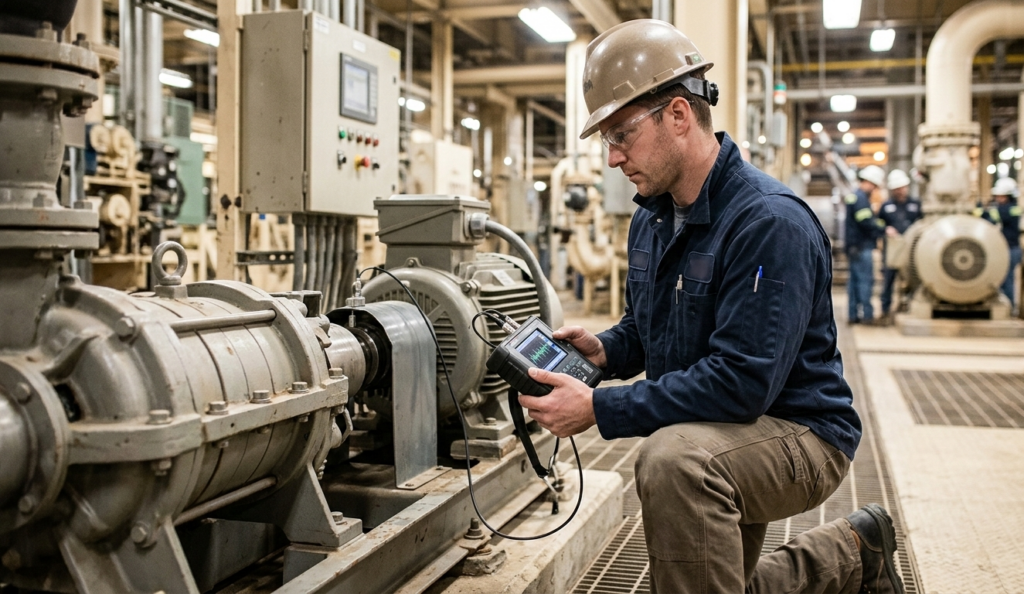 Técnico realizando monitoreo de condición y análisis de vibraciones en planta industrial.