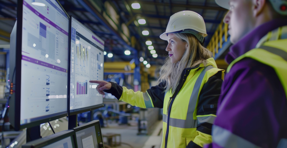 Ingeniera con casco señalando monitores de monitoreo de condición en una planta industrial